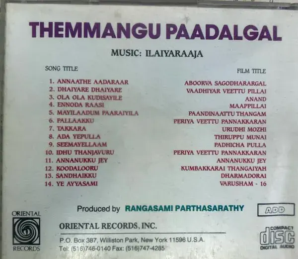 Thumbnail: Themmangu Paadalgal by Iliyaraaja audio cd  - Oriental CD 170 Made In USA
