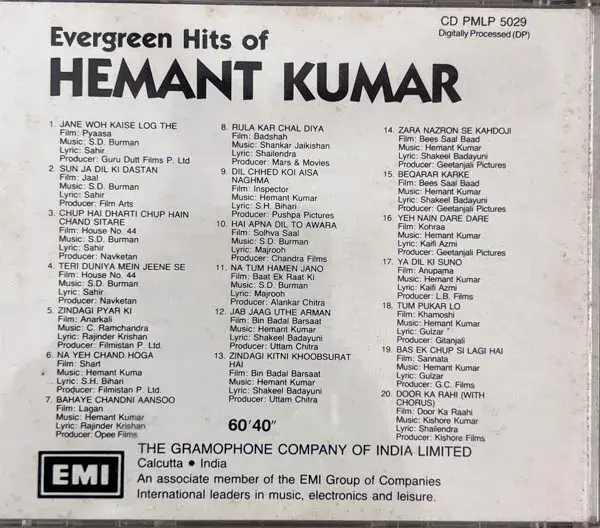 Evergreen Hits Of Hemant Kumar audio cd - Hindi Films Songs -EMI Made In England