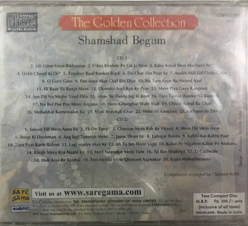 Thumbnail: The Golden Collection Shamshad Begum audio cd - Hindi Songs - Sealed-Music India