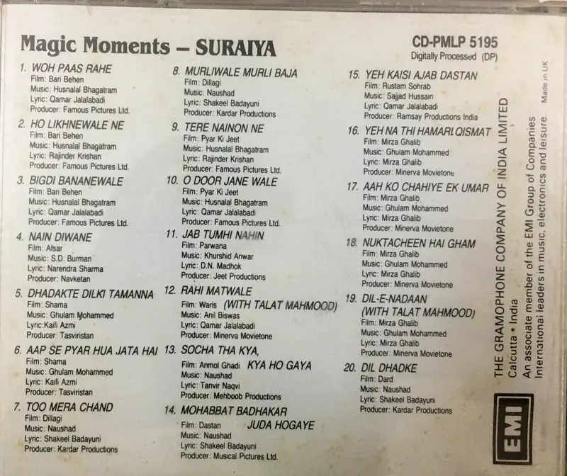 Magic Moments - Suriya audio cd - Hindi Films Songs - EMI CD -PMLP 5195