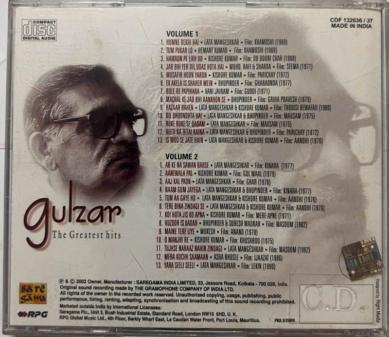 Gulzar The Greatest Hits Vol.1 & 2 Audio CD Saregama