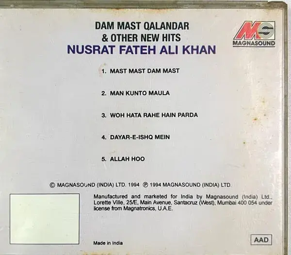 Nusrat Father Ali Khan audio cd - Hindi Film Songs - Magnasound D1-Z0897