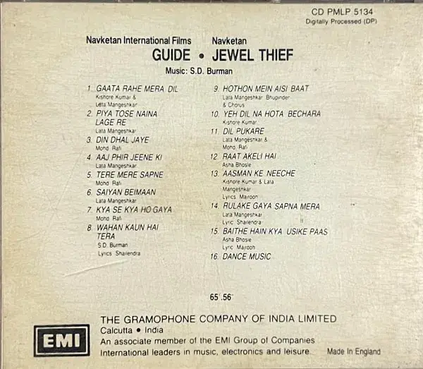 Guide - Jewel Thief audio cd - Hindi Films Songs - EMI Made In England