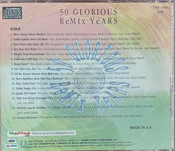 Thumbnail: 50 Glorious Remix Years Disc 3 audio cd - Hindi Film Songs - Saregama Made In UK