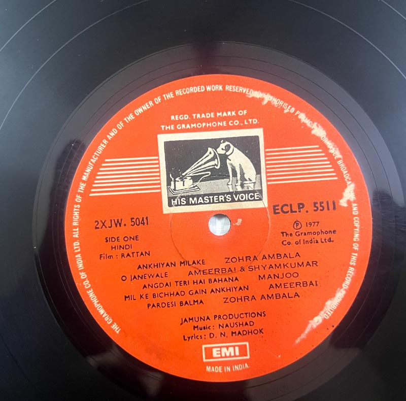 Rattan Vinyl Record 33.3 RPM -Hindi Film Songs - HMV 5511