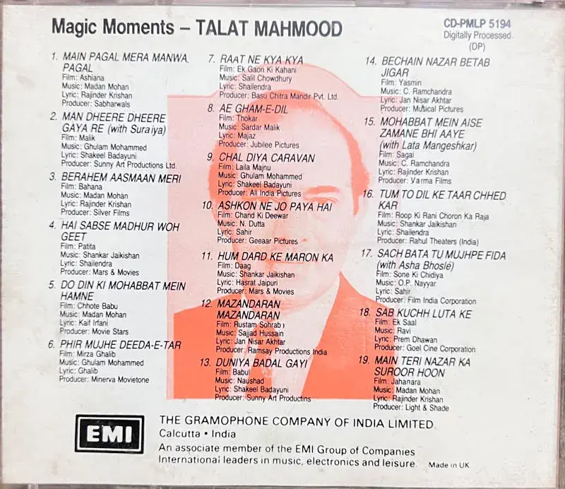 Magic Moments Talat Mahmood audio cd - Hindi Film Songs - EMI Made in England