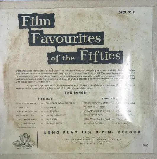 Film Favourites Of The Fifties Vinyl LP 33.3 RPM - Hindi Film Songs - Angel