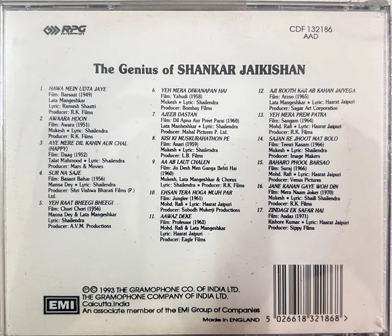 The Genius of Shankar Jaikishan audio CD -  Hindi Film songs - EMI England