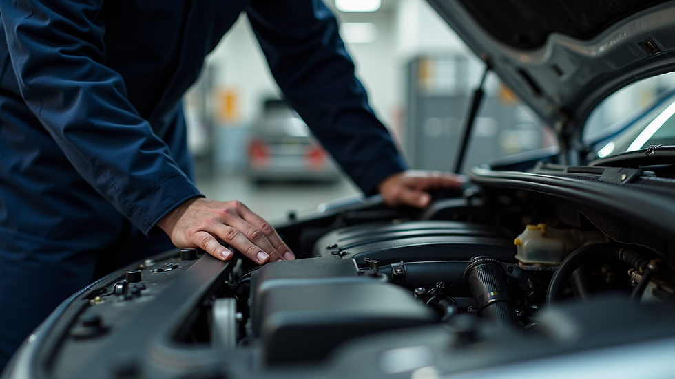 Close-up view of a mechanic inspecting a car engine