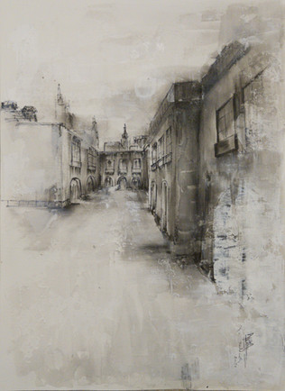 Black and White Sketch, Street Scene, Cobblestone Streets, Buildings, Archway, Clock Tower, Light and Shadow, Online Art Gallery, Home Decor, Wall Art, Modern Art, Contemporary Art, Art Collection.