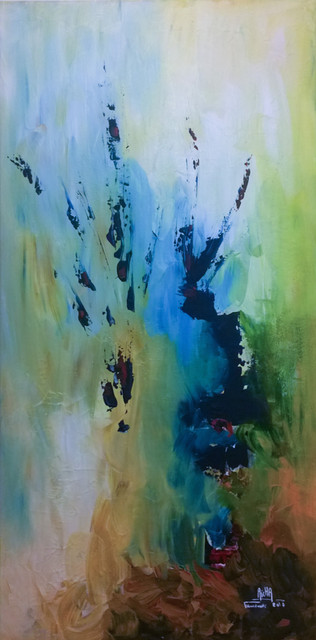 abstract acrylic painting, melange of colors and textures, serene blues and lush greens, striking splashes of red and black, artist's command of color, layers of colors, skillful blending, depth and dimension, mark of authenticity and quality, unique and eye-catching masterpiece, vibrant colors, dynamic textures, statement piece, creative energy, Aicha Art Gallery