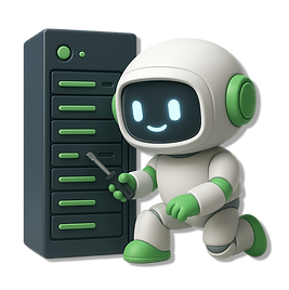 3D chatbot robot with green accents holding a tool while working on a server, symbolizing AI automation, secure data manageme