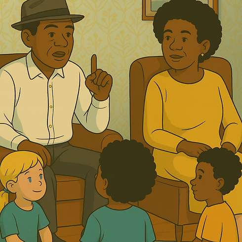 Elderly couple sharing Windrush journey stories with their grandchildren.