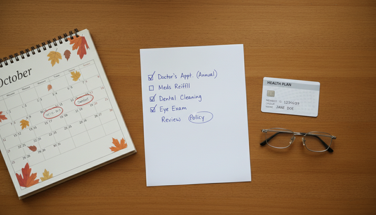 Overhead view of a handwritten checklist beside a health insurance card and reading glasses