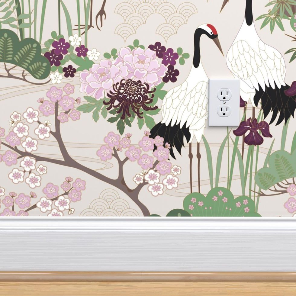 Thumbnail: Japanese Garden Plum with Large Birds Peel and Stick or Prepasted wallpaper by Judit Gueth juditgueth.com