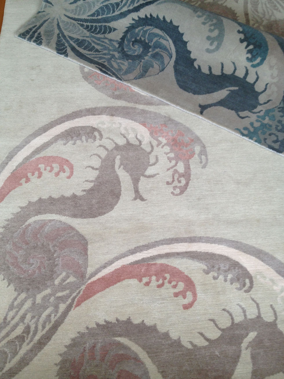 Thumbnail: Seahorse ocean themed nautical pink and gray hand-knotted New-Zealand wool custom area rug at Judit Gueth Design in Toronto