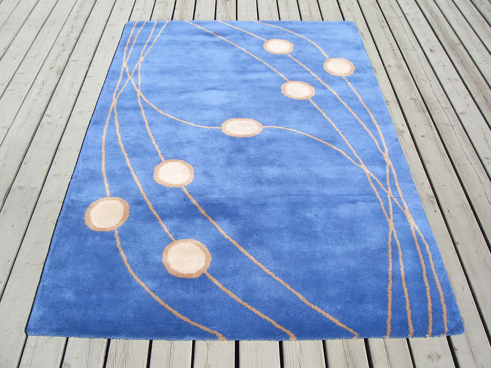 Thumbnail: Blue geometric modern contemporary blue/orange hand-tufted New-Zealand wool custom area rug, Judit Gueth Design in Toronto