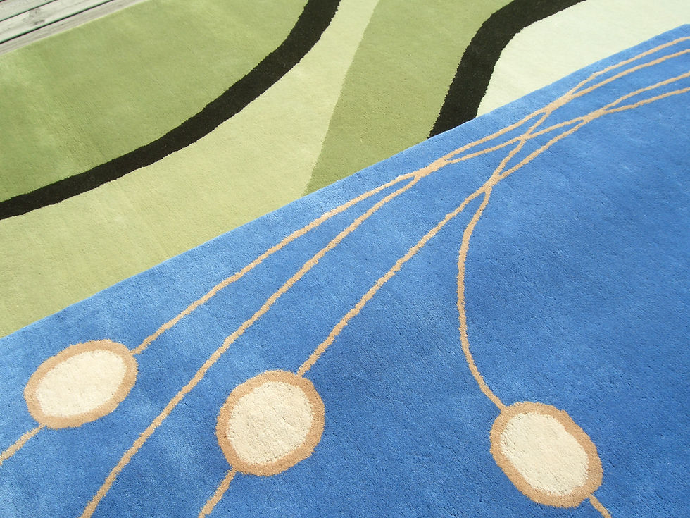 Thumbnail: Blue geometric modern contemporary blue/orange hand-tufted New-Zealand wool custom area rug, Judit Gueth Design in Toronto