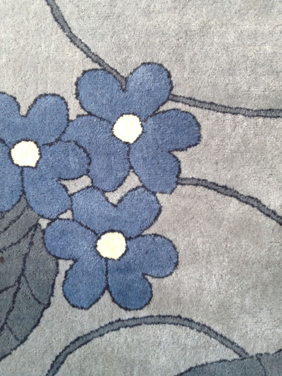 Thumbnail: Floral geometric modern contemporary blue/grey hand-tufted New-Zealand wool custom area rug, Judit Gueth Design, Toronto