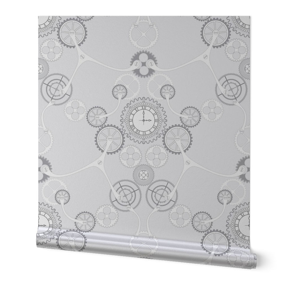 Thumbnail: Silver Metallic Wallpaper - Clockwork Silver 24" wide Steampunk style Wallpaper by Judit Gueth