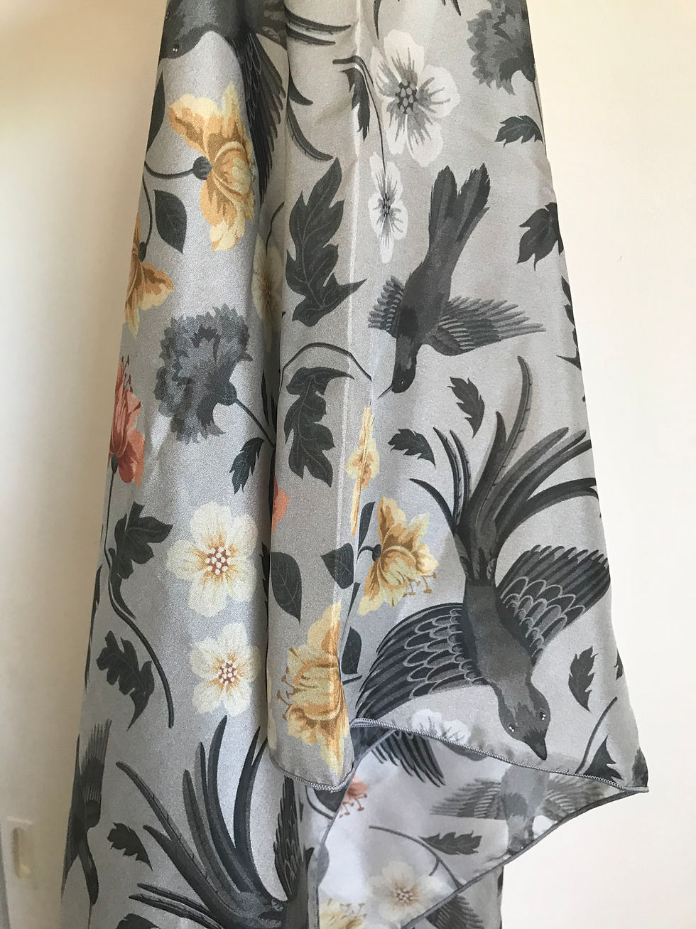 Thumbnail: Long Scarf Silk Charmeuse or Silk Habotai, Grey Silk Scarf  Birds, Flowers