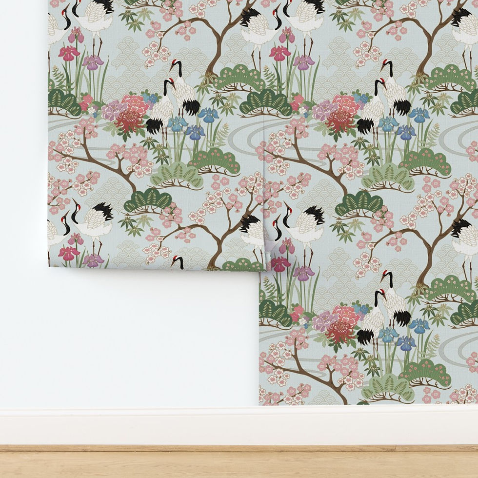 Thumbnail: Japanese Garden Chantilly Green natural sisal Grasscloth 24" wallpaper by Judit Gueth juditgueth.com