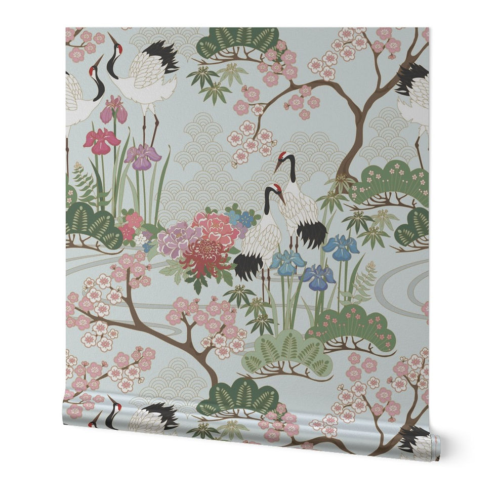 Thumbnail: Silver Metallic 24" wide Japanese style Wallpaper - Japanese Garden Chantilly by Judit Gueth