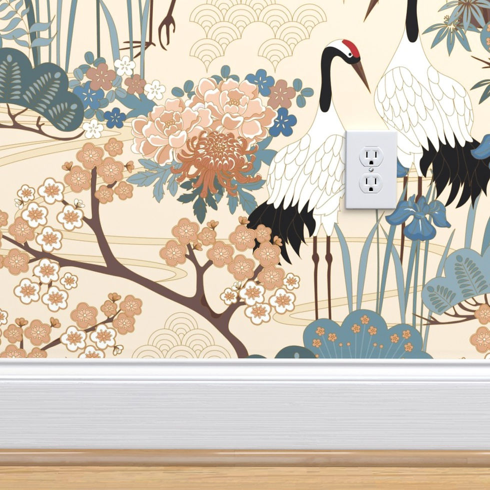 Thumbnail: Japanese Garden Cream with Large Birds Peel and stick or prepasted wallpaper by Judit Gueth juditgueth.com