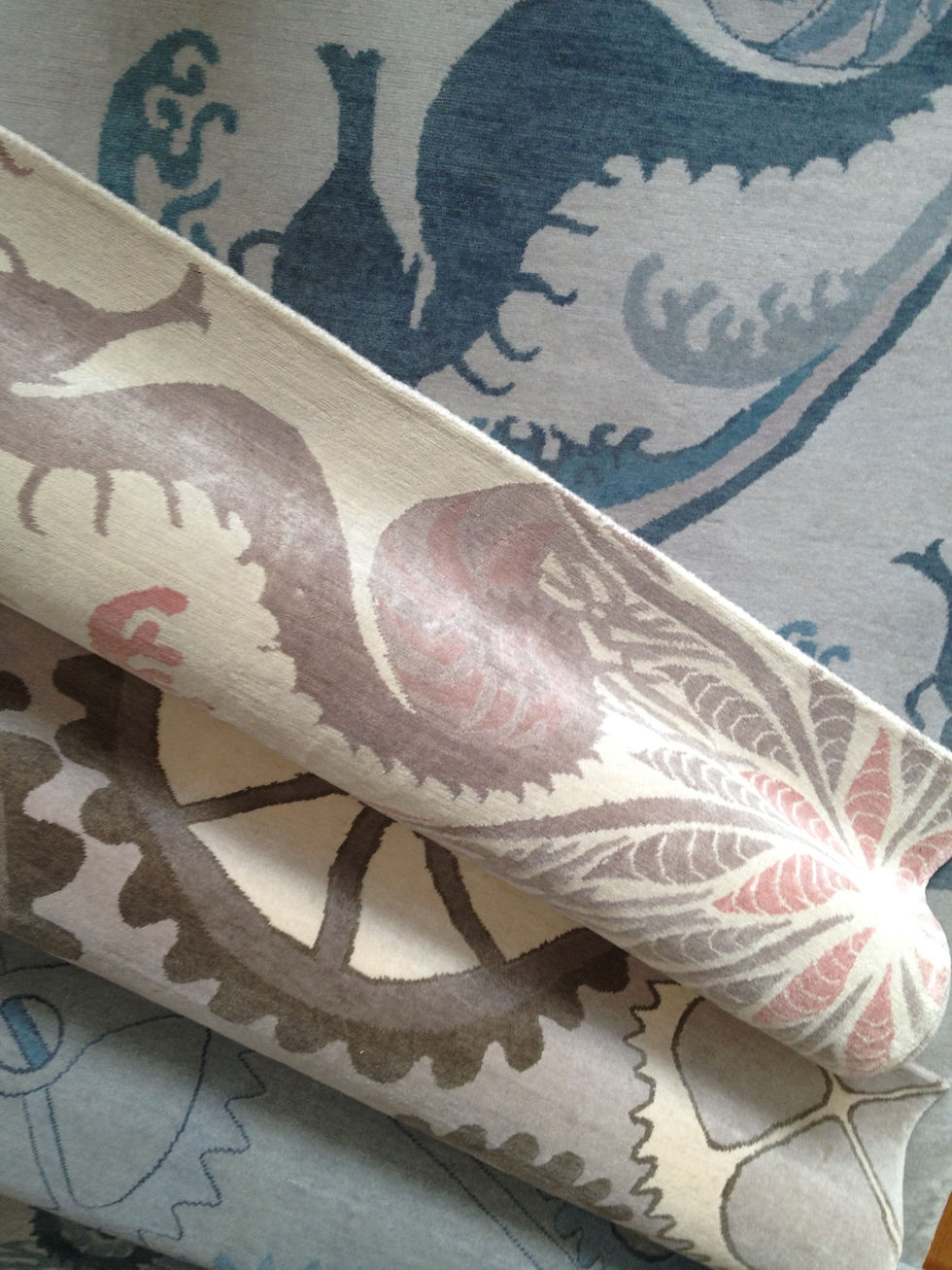 Thumbnail: Seahorse ocean themed nautical pink and gray hand-knotted New-Zealand wool custom area rug at Judit Gueth Design in Toronto