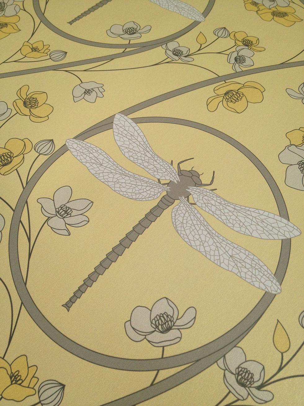 Thumbnail: Dragonflies yellow Asian style pearlized Mica clay coated wallcovering, yellow/cream wallpaper, Judit Gueth Design, Toronto