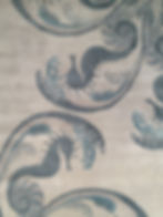 Thumbnail: Seahorse ocean themed nautical blue and gray hand-knotted New-Zealand wool custom area rug at Judit Gueth Design in Toronto