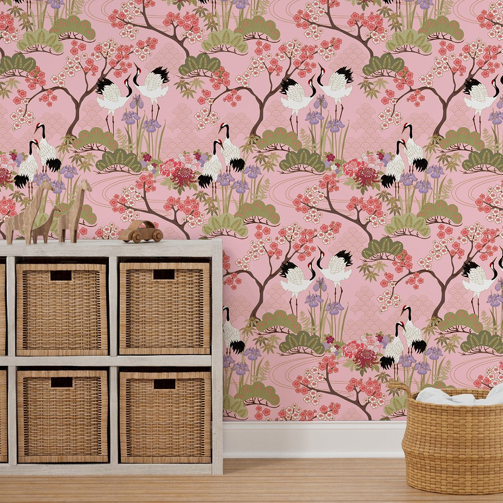Thumbnail: Japanese Garden Pink Japanese style peel and stick or prepasted wallpaper by Judit Gueth juditgueth.com