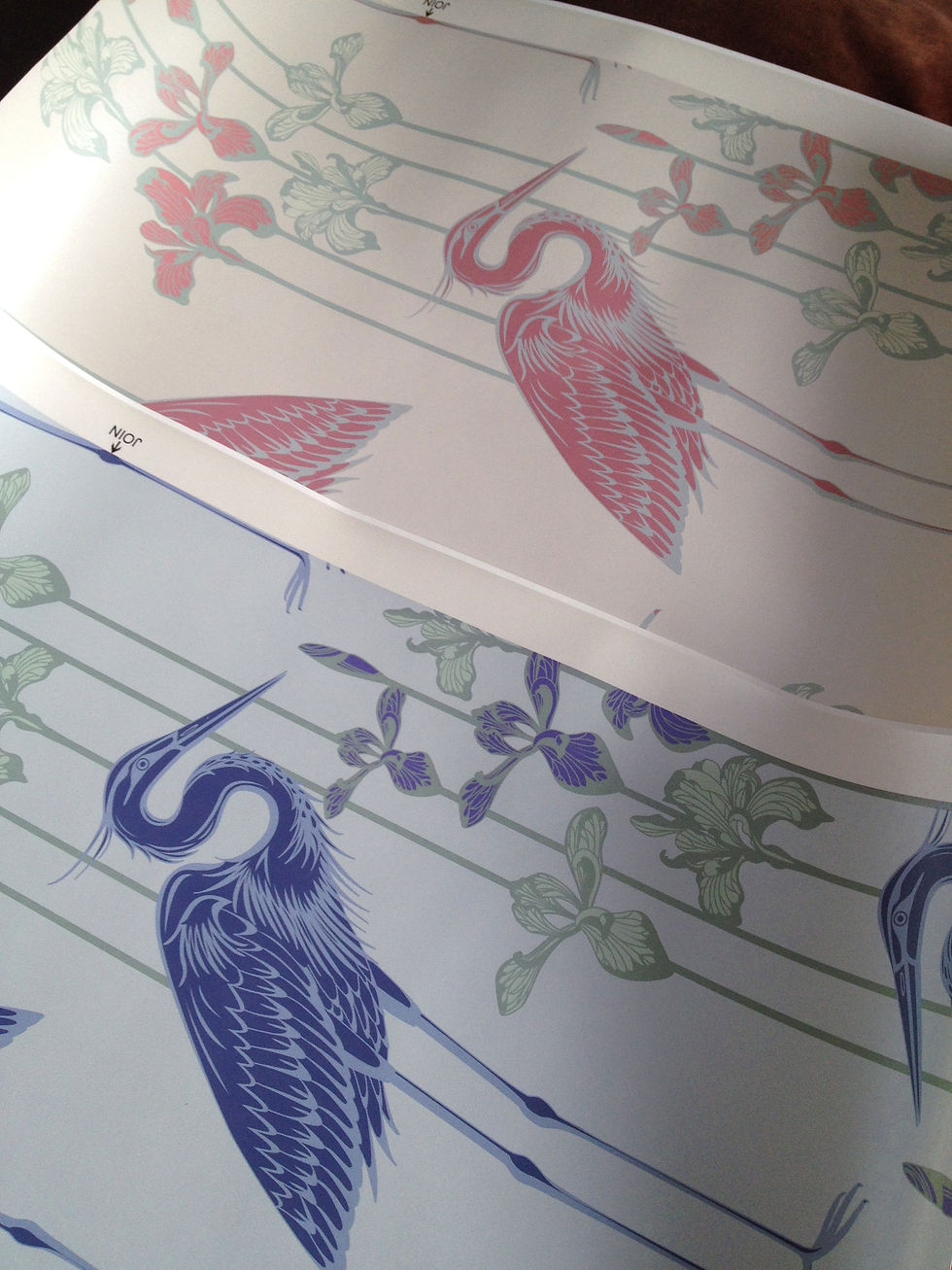 Thumbnail: Great Blue Heron rose pink birds, irises wallcovering, pink/green wallpaper for walls, Judit Gueth Design, Toronto