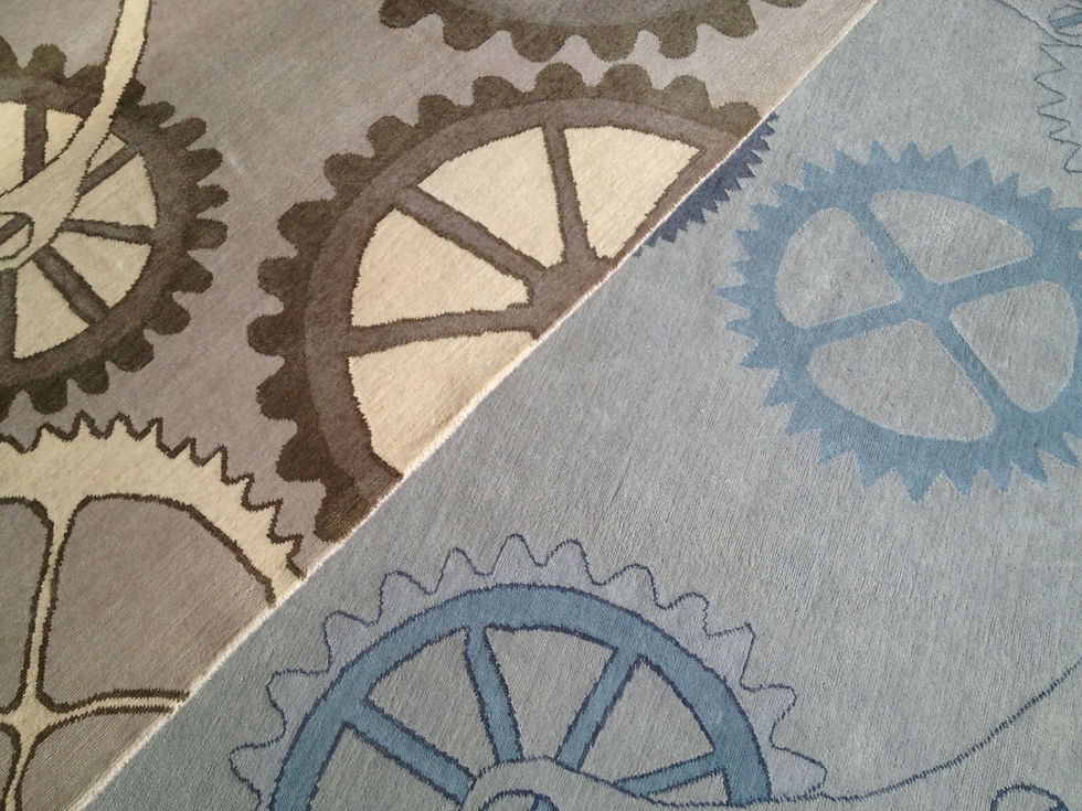 Thumbnail: Steampunk industrial clock gear blue/gray hand-knotted custom New-Zealand wool custom area rug, Judit Gueth Design in Toronto