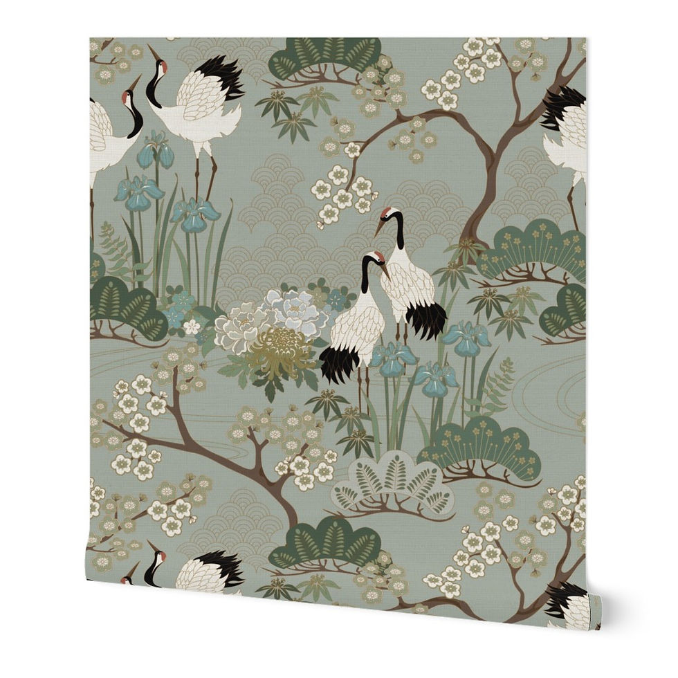 Thumbnail: Japanese Garden Sage w Muted Red Caps Natural Sisal Grasscloth 24"x27' Wallpaper