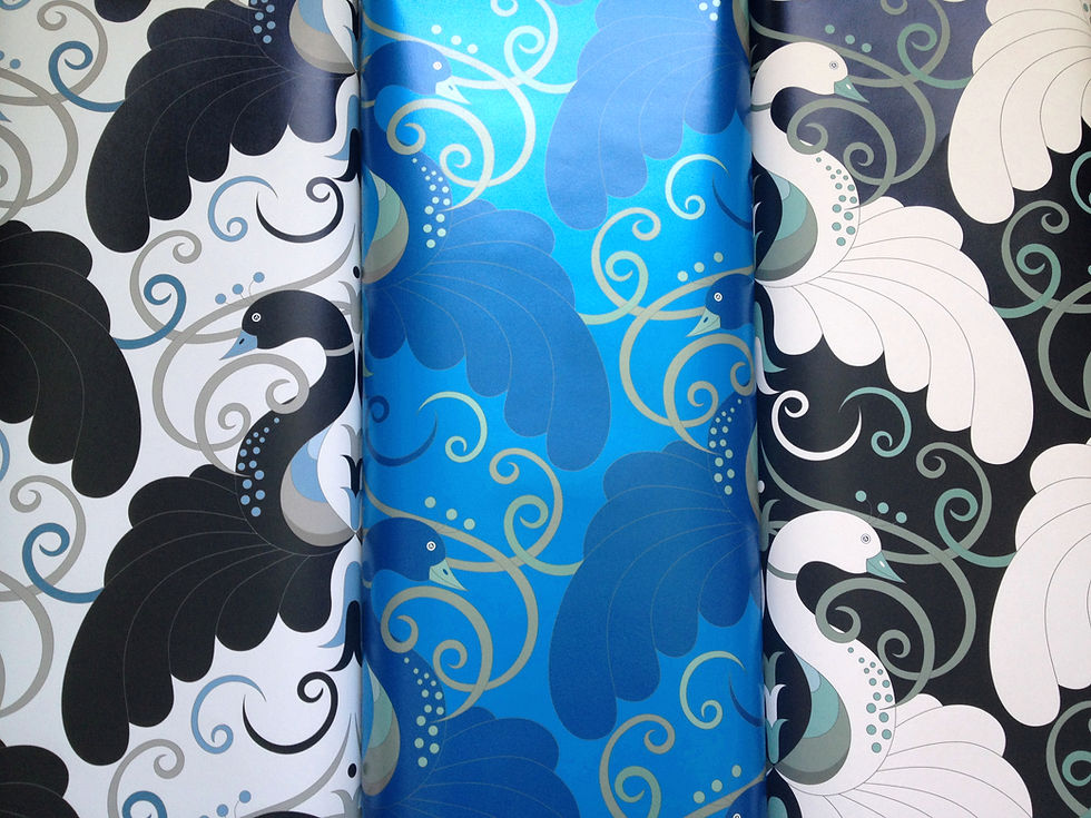 Thumbnail: Peacock Blue birds Art Nouveau style wallcovering, peacock blue wallpaper for walls, Judit Gueth Design, Toronto