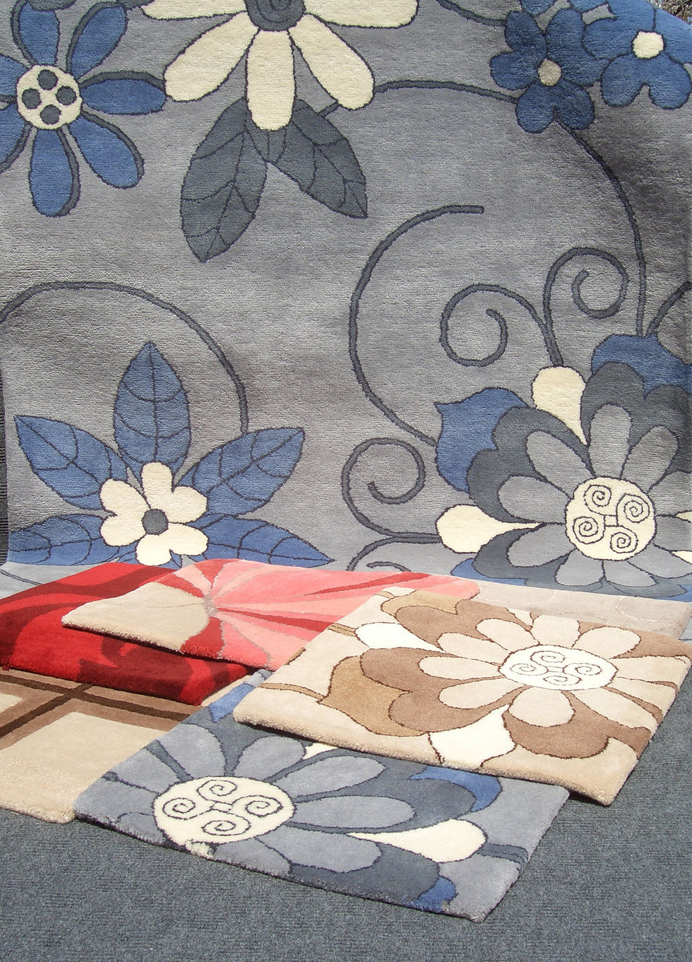 Thumbnail: Floral geometric modern contemporary blue/grey hand-tufted New-Zealand wool custom area rug, Judit Gueth Design, Toronto