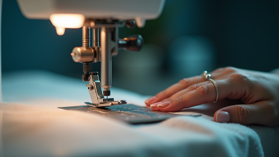 Eye-level view of an automatic sewing machine stitching heavy fabric