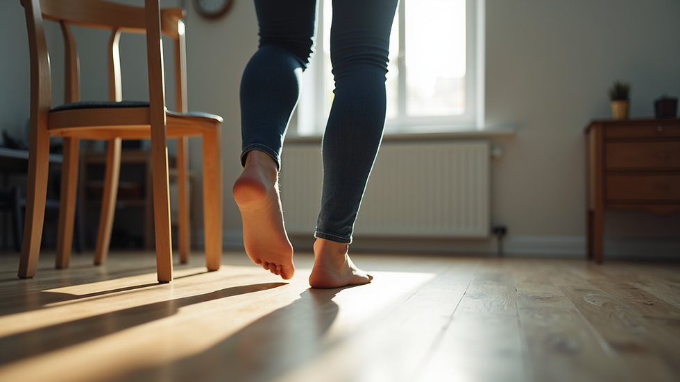 Eye-level view of a person standing on one leg near a chair for balance support