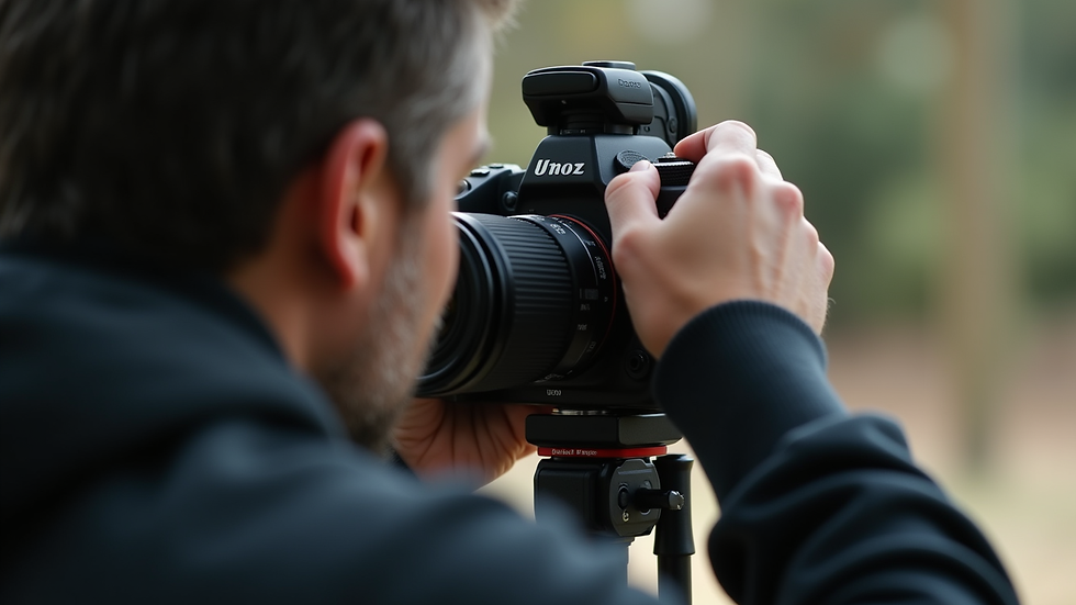 Close-up view of a photographer adjusting camera settings during a photo shoot