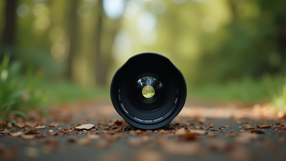 Close-up view of a camera lens focused on a subject in a natural outdoor setting