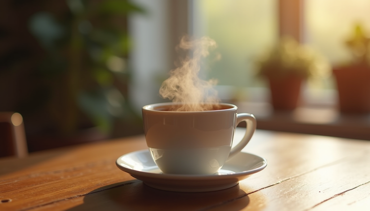 Close-up view of a freshly brewed cup of coffee on a wooden table