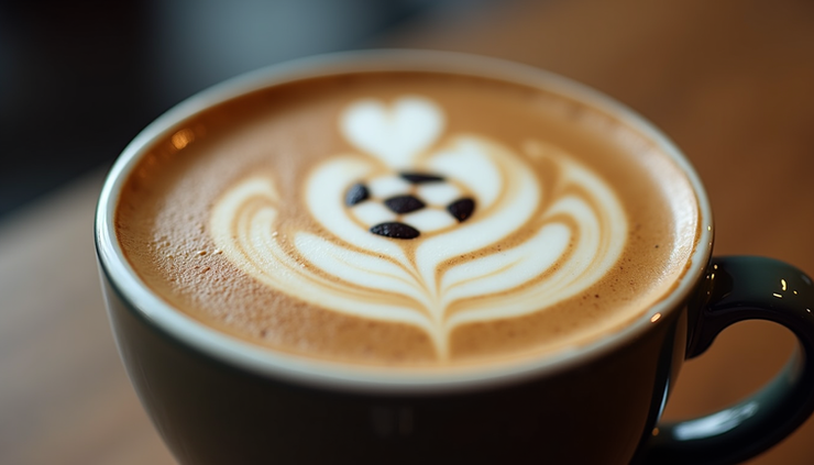 Eye-level view of a steaming cup of espresso with a soccer ball pattern on the foam