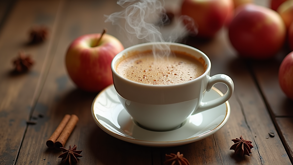 High angle view of a steaming cup of spiced apple cider coffee