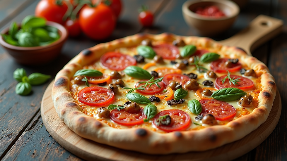 High angle view of a delicious pizza topped with vibrant vegetables