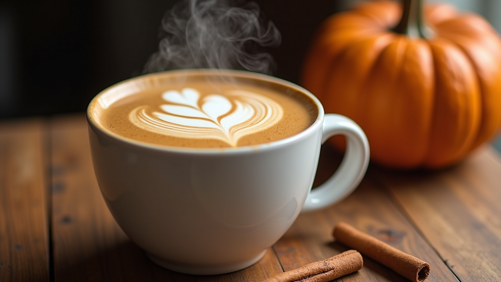 Close-up view of a steaming cup of pumpkin spice coffee