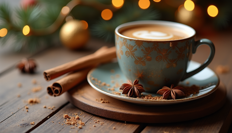 Close-up of a festive coffee cup with cinnamon sticks and star anise on a wooden table