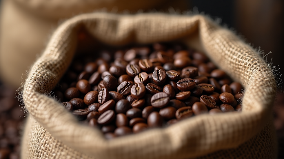 Close-up view of coffee beans in a burlap sack