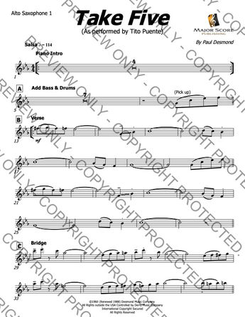 Take Five Big Band sheet music download as performed by Tito Puente originally composed by Pail Desmond.