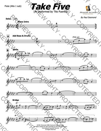 Take Five Big Band sheet music download as performed by Tito Puente originally composed by Pail Desmond.